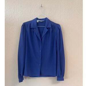 Vintage 80s blue prestige polyester button down top size 8